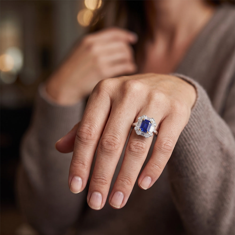 Halo Ring Emerald Blue Sapphire Trillion & Baguette Natural Earth Mined Diamond ( Not Lab Grown )s 3 Carats