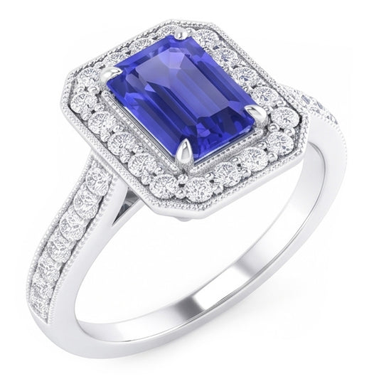 Halo Ring Emerald Sapphire & Natural Earth Mined Diamond ( Not Lab Grown )s 3 Carats White Gold Milgrain
