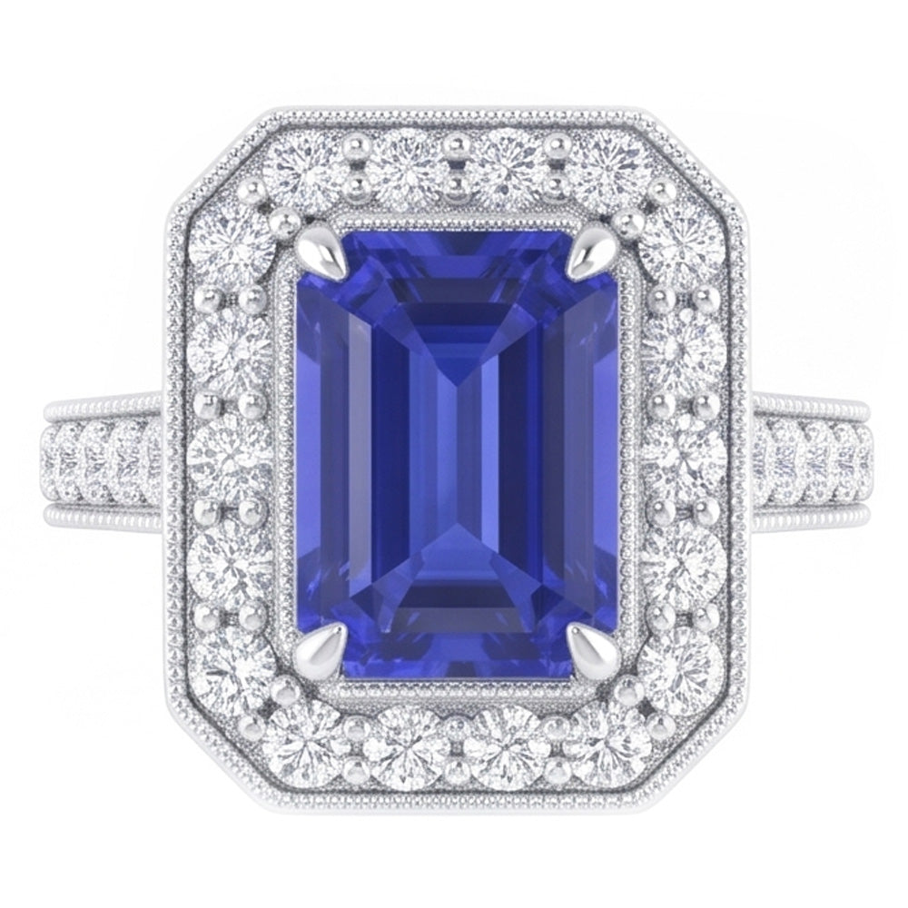 Halo Ring Emerald Sapphire & Natural Earth Mined Diamond ( Not Lab Grown )s 3 Carats White Gold Milgrain