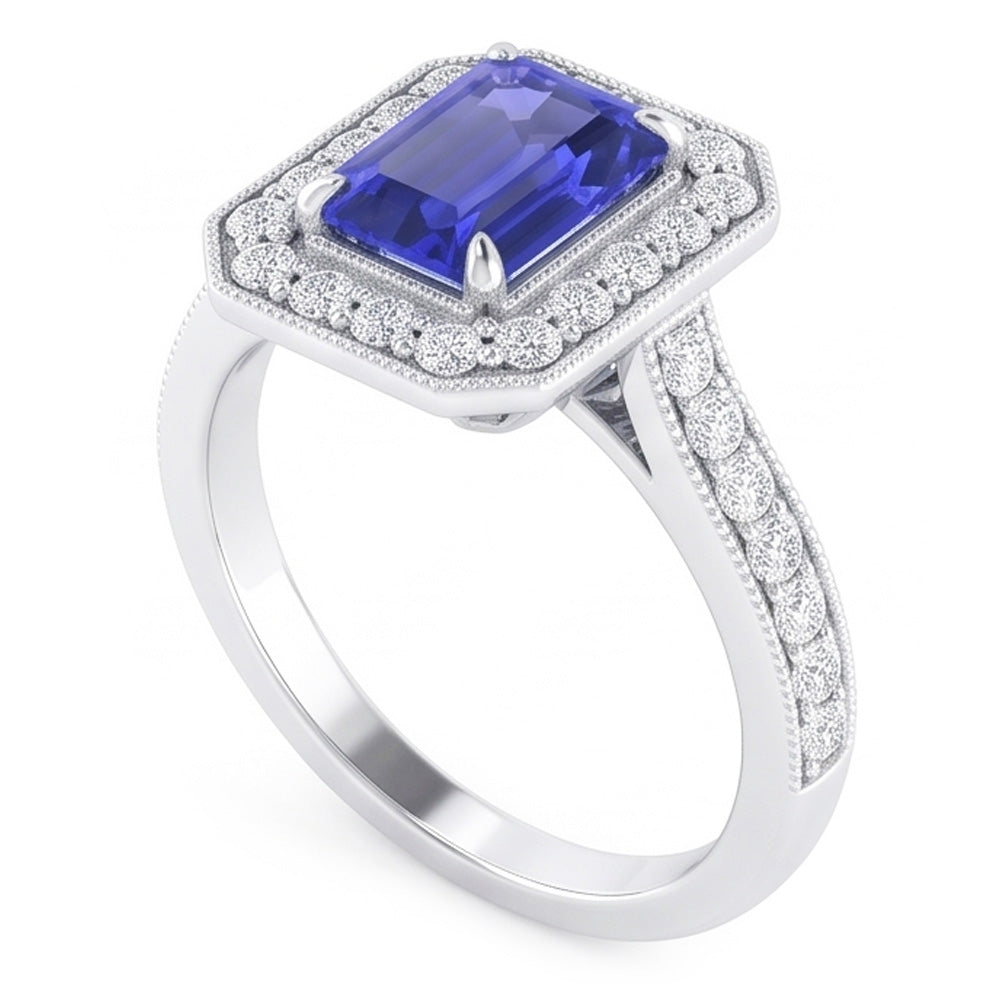 Halo Ring Emerald Sapphire & Natural Earth Mined Diamond ( Not Lab Grown )s 3 Carats White Gold Milgrain