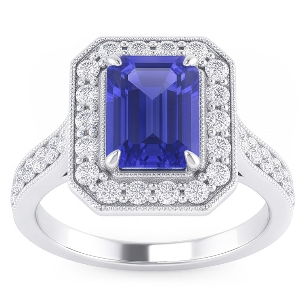 Halo Ring Emerald Sapphire & Natural Earth Mined Diamond ( Not Lab Grown )s 3 Carats White Gold Milgrain