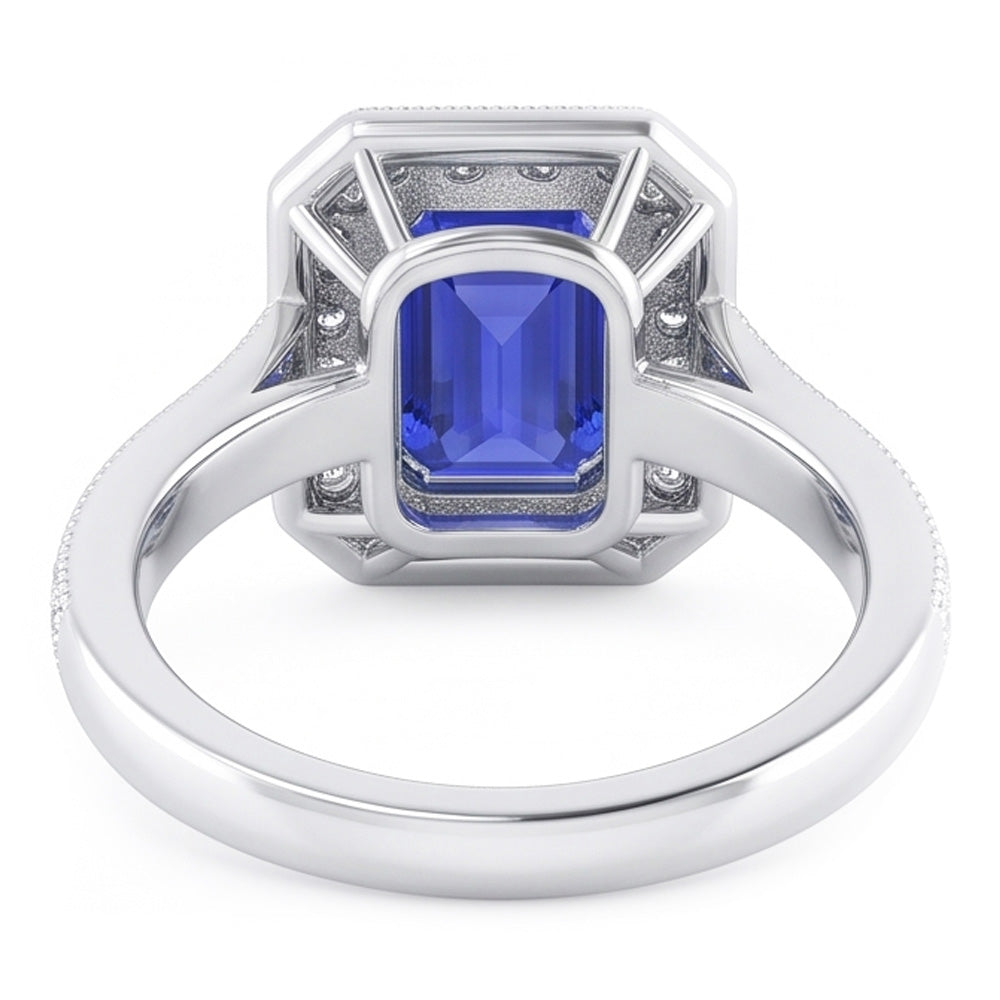 Halo Ring Emerald Sapphire & Natural Earth Mined Diamond ( Not Lab Grown )s 3 Carats White Gold Milgrain