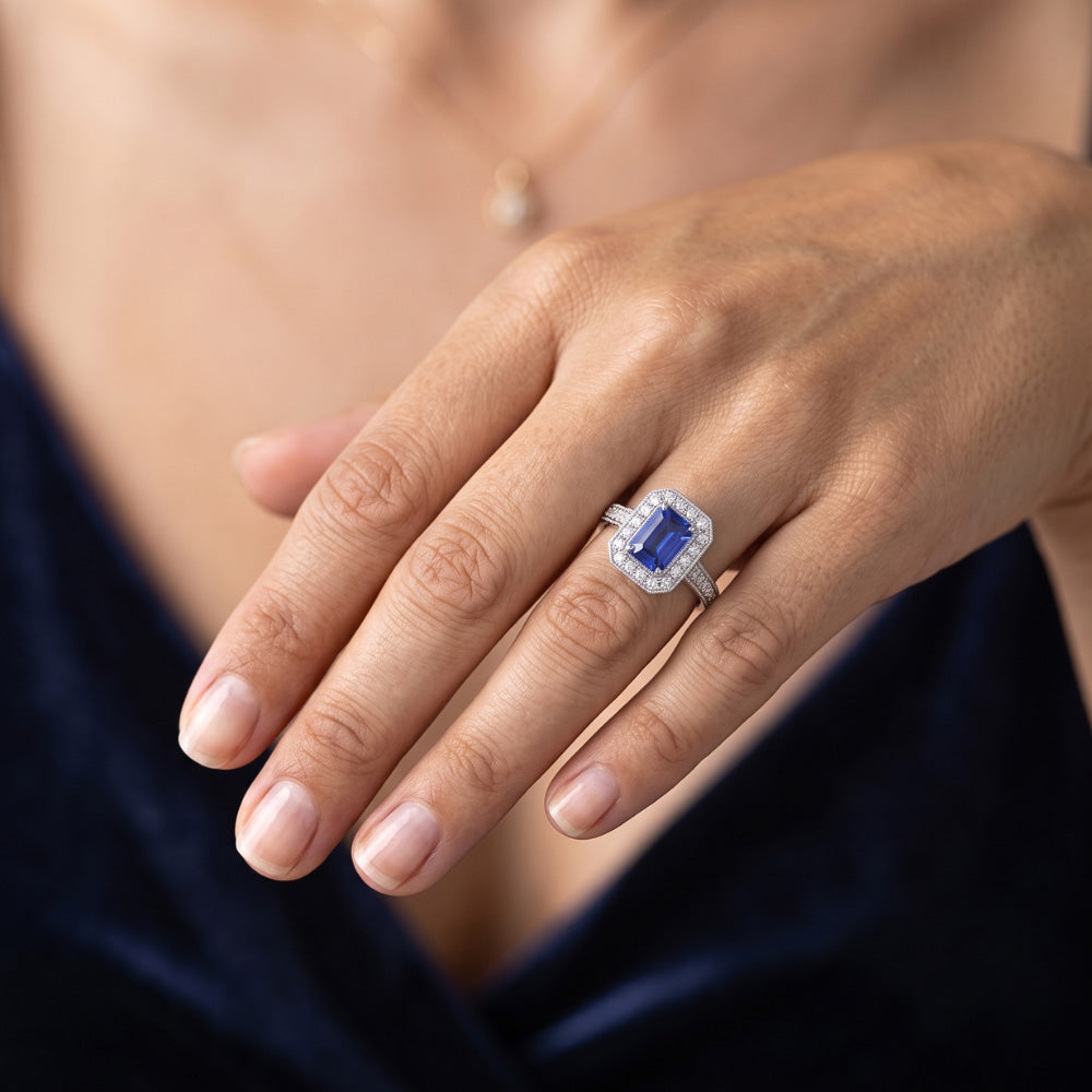 Halo Ring Emerald Sapphire & Natural Earth Mined Diamond ( Not Lab Grown )s 3 Carats White Gold Milgrain