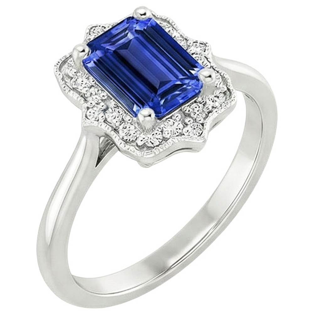 Halo Ring Emerald Sri Lankan Sapphire & Natural Earth Mined Diamond ( Not Lab Grown ) 4 Carats Flower Style