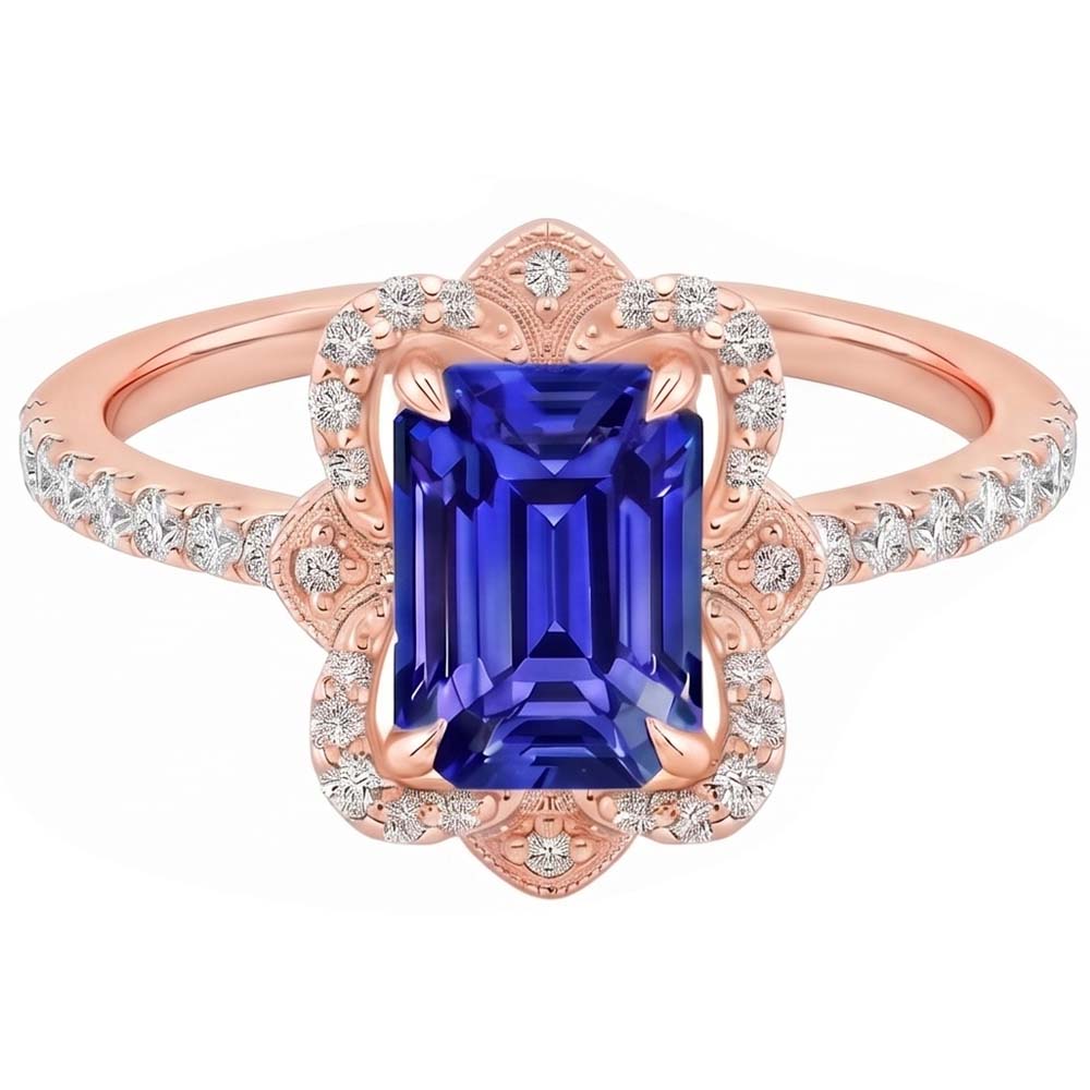 Halo Ring Flower Style Emerald Blue Sapphire & Natural Earth Mined Diamond ( Not Lab Grown ) 4.25 Carats
