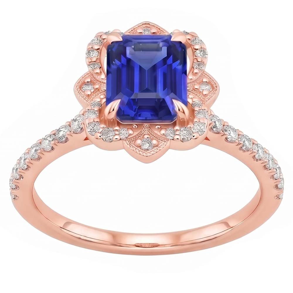 Halo Ring Flower Style Emerald Blue Sapphire & Natural Earth Mined Diamond ( Not Lab Grown ) 4.25 Carats