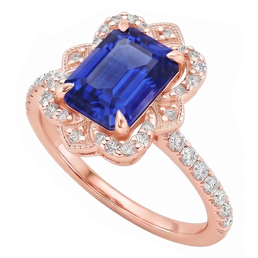 Halo Ring Flower Style Emerald Blue Sapphire & Natural Earth Mined Diamond ( Not Lab Grown ) 4.25 Carats