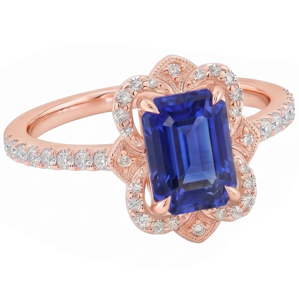 Halo Ring Flower Style Emerald Blue Sapphire & Natural Earth Mined Diamond ( Not Lab Grown ) 4.25 Carats