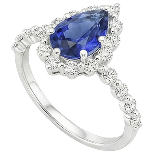 Halo Ring Flower Style Pear Blue Sapphire & Natural Earth Mined Diamond ( Not Lab Grown )s 5 Carats