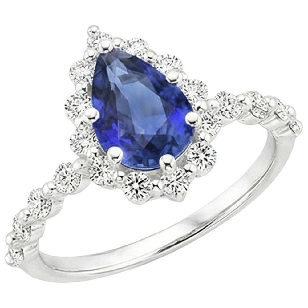 Halo Ring Flower Style Pear Blue Sapphire & Natural Earth Mined Diamond ( Not Lab Grown )s 5 Carats