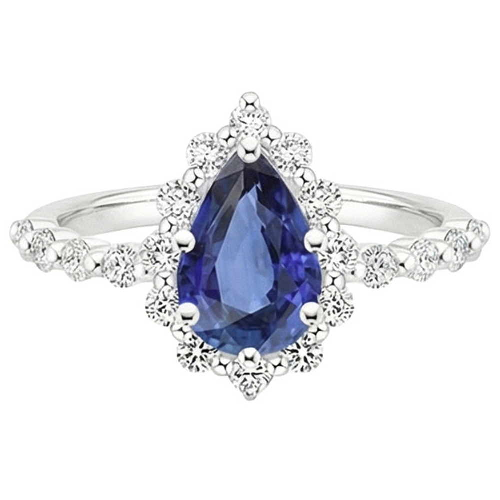 Halo Ring Flower Style Pear Blue Sapphire & Natural Earth Mined Diamond ( Not Lab Grown )s 5 Carats