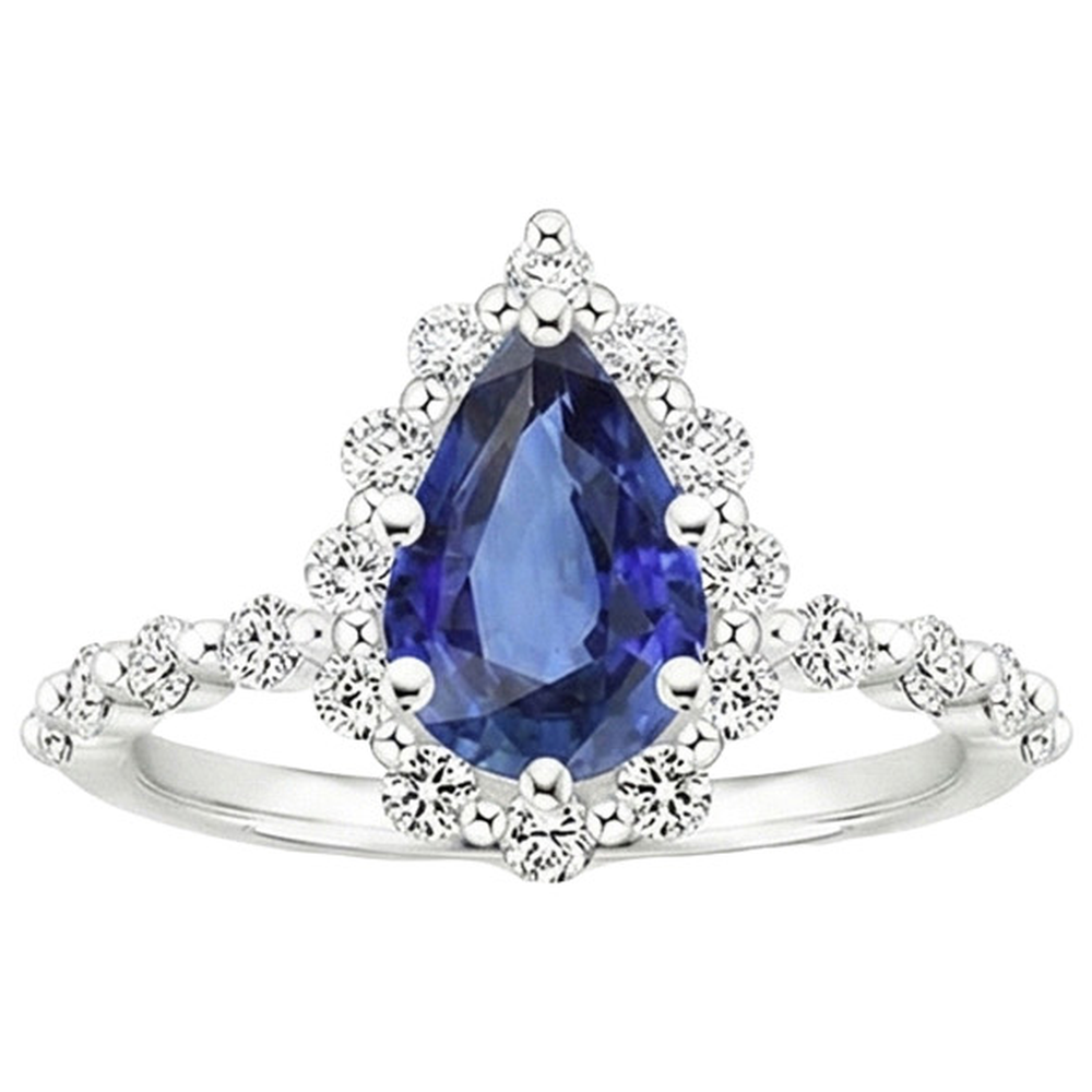 Halo Ring Flower Style Pear Blue Sapphire & Natural Earth Mined Diamond ( Not Lab Grown )s 5 Carats