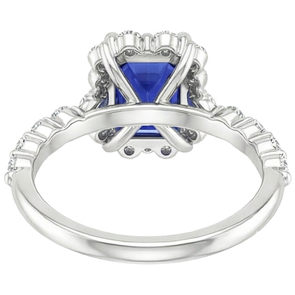 Halo Ring Flower Style Radiant Blue Sapphire & Natural Earth Mined Diamond ( Not Lab Grown ) 4.25 Carats
