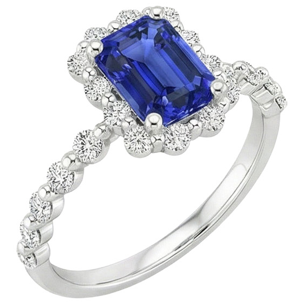 Halo Ring Flower Style Radiant Blue Sapphire & Natural Earth Mined Diamond ( Not Lab Grown ) 4.25 Carats