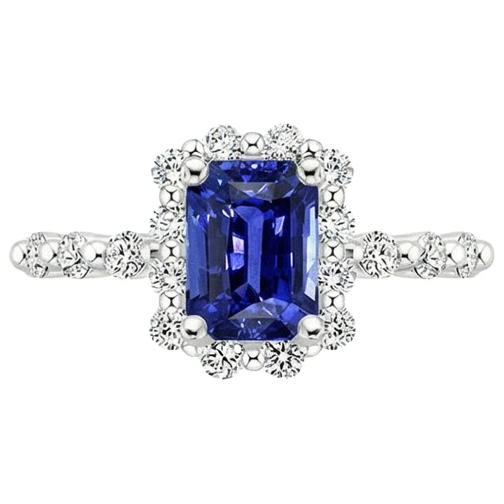 Halo Ring Flower Style Radiant Blue Sapphire & Natural Earth Mined Diamond ( Not Lab Grown ) 4.25 Carats