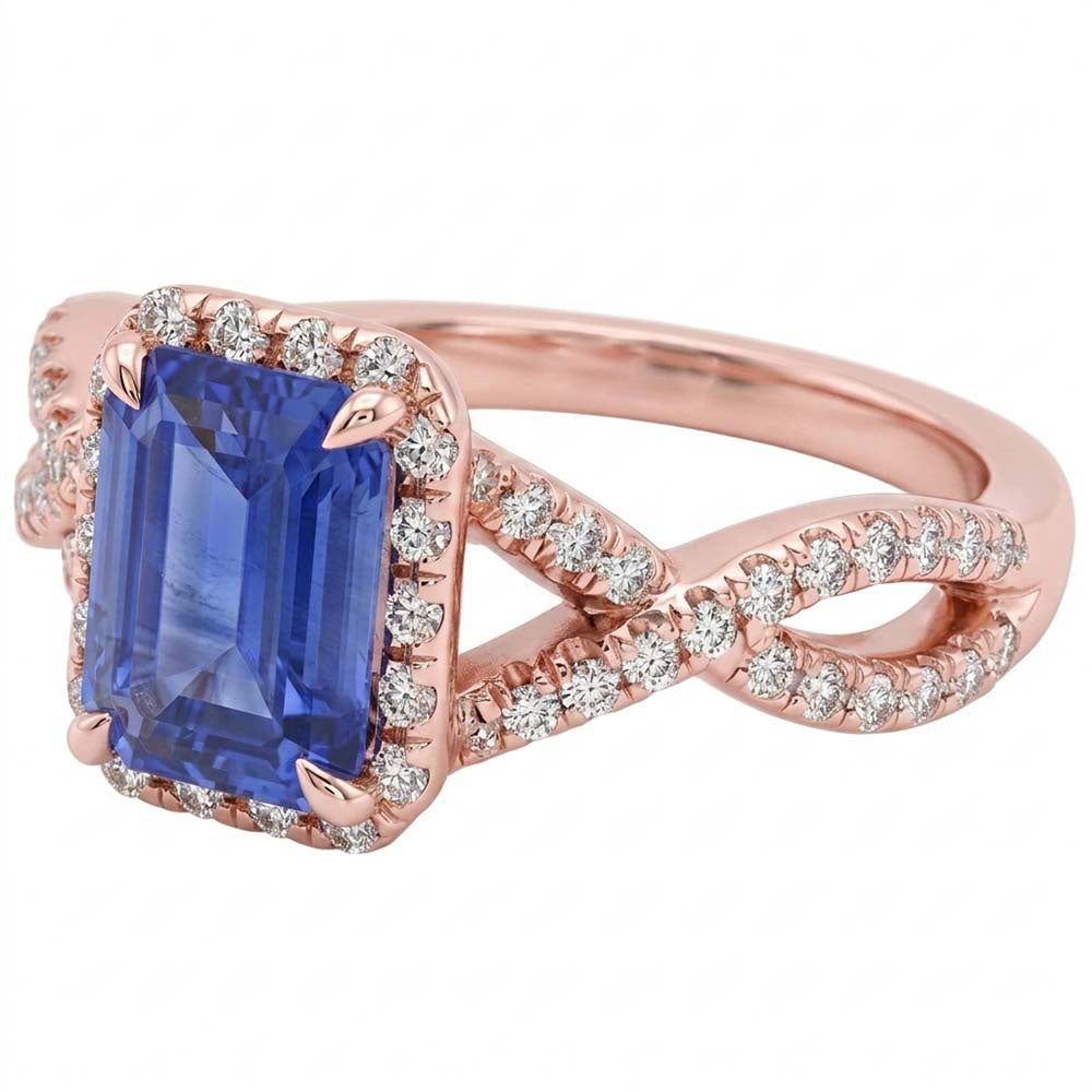 Halo Ring Infinity Style Emerald Blue Sapphire & Natural Earth Mined Diamond ( Not Lab Grown ) 4.50 Carats