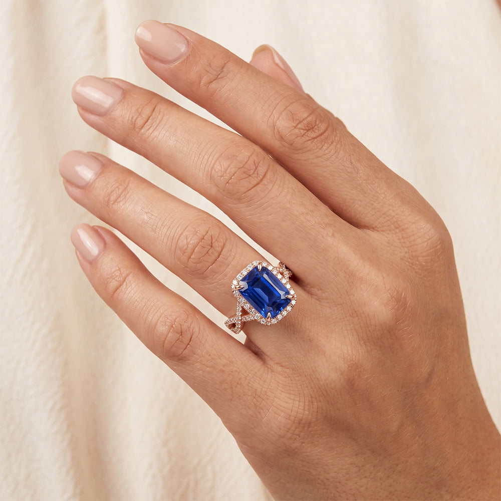 Halo Ring Infinity Style Emerald Blue Sapphire & Natural Earth Mined Diamond ( Not Lab Grown ) 4.50 Carats
