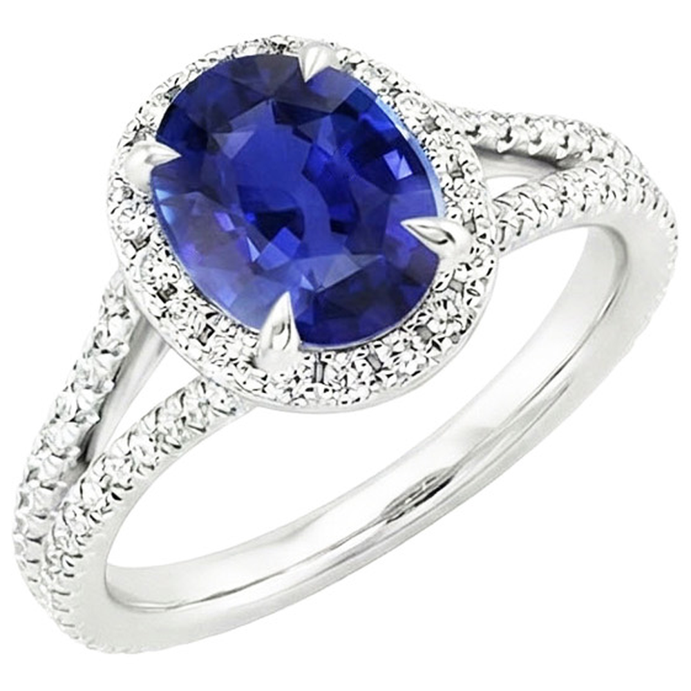 Halo Ring Oval Ceylon Sapphire & Natural Earth Mined Diamond ( Not Lab Grown )s V Split Shank 4 Carats