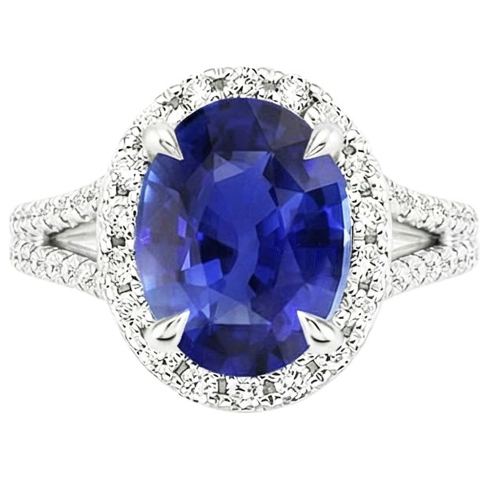 Halo Ring Oval Ceylon Sapphire & Natural Earth Mined Diamond ( Not Lab Grown )s V Split Shank 4 Carats