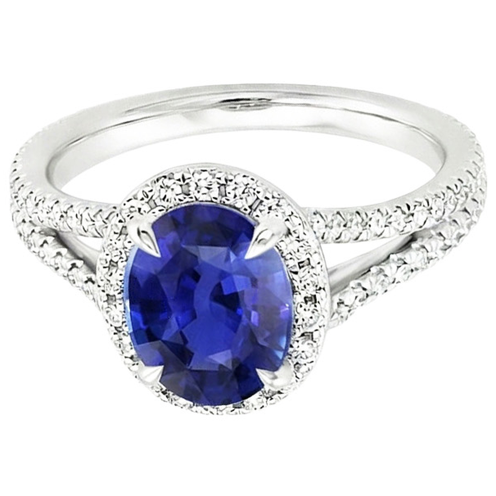 Halo Ring Oval Ceylon Sapphire & Natural Earth Mined Diamond ( Not Lab Grown )s V Split Shank 4 Carats