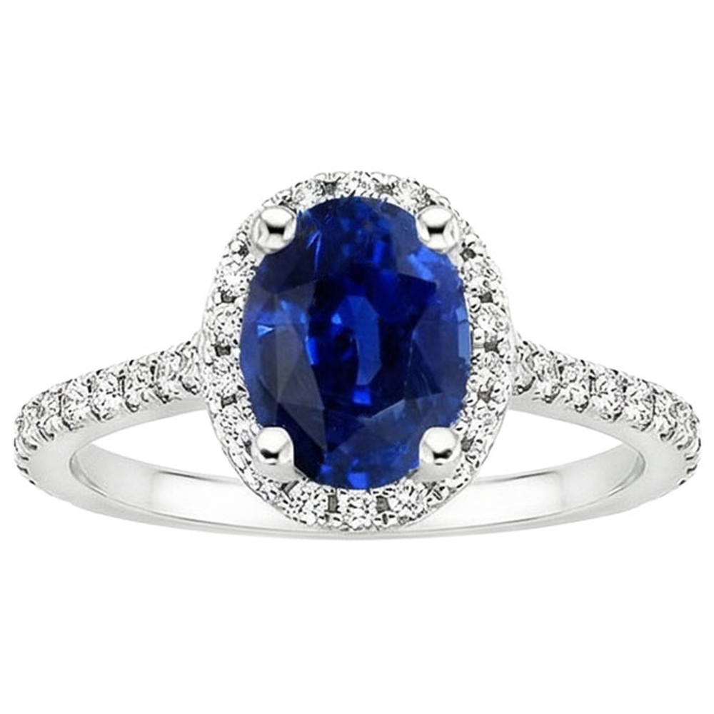 Halo Ring Pave Set Natural Earth Mined Diamond ( Not Lab Grown )s & Oval Sri Lankan Sapphire 5 Carats