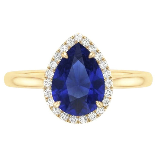 Halo Ring Pear Cut Ceylon Sapphire & Natural Earth Mined Diamond ( Not Lab Grown )s 3 Carats Prong Set