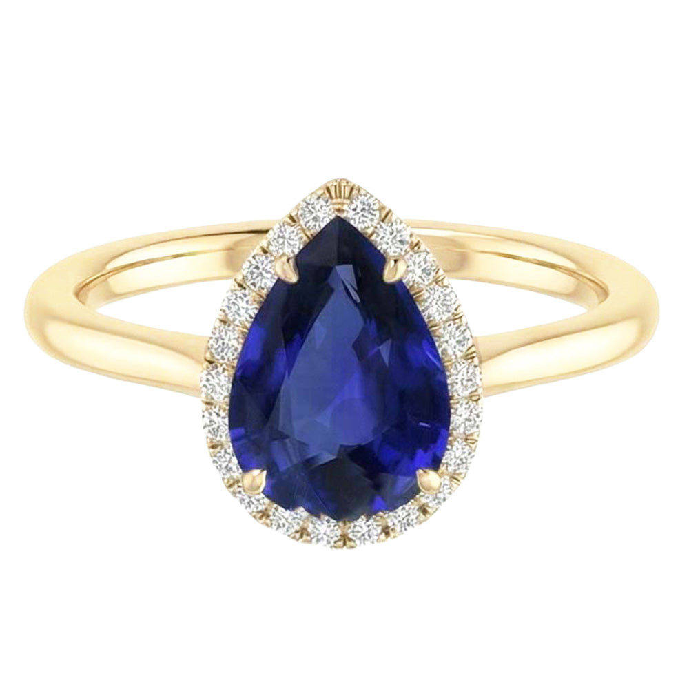 Halo Ring Pear Cut Ceylon Sapphire & Natural Earth Mined Diamond ( Not Lab Grown )s 3 Carats Prong Set