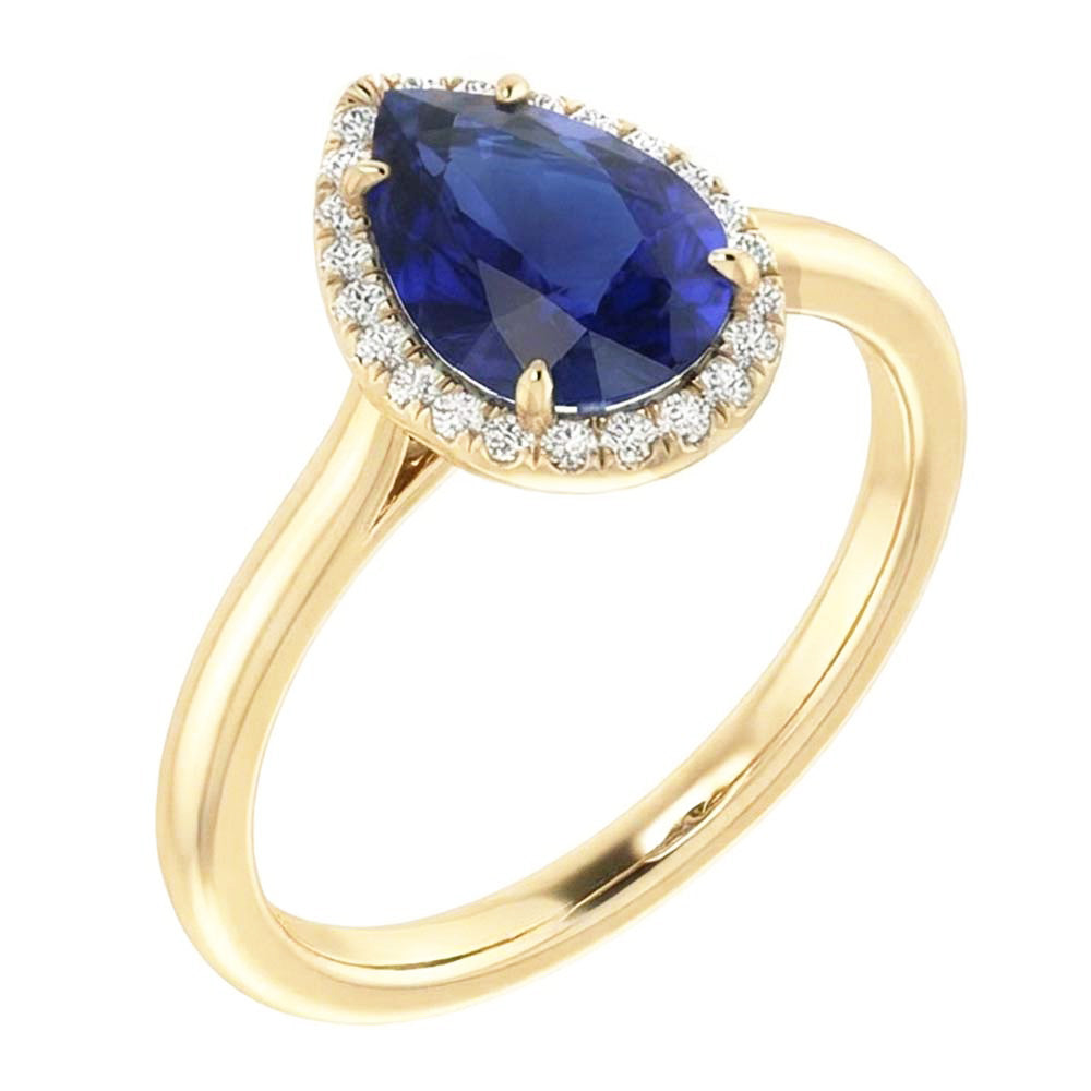 Halo Ring Pear Cut Ceylon Sapphire & Natural Earth Mined Diamond ( Not Lab Grown )s 3 Carats Prong Set