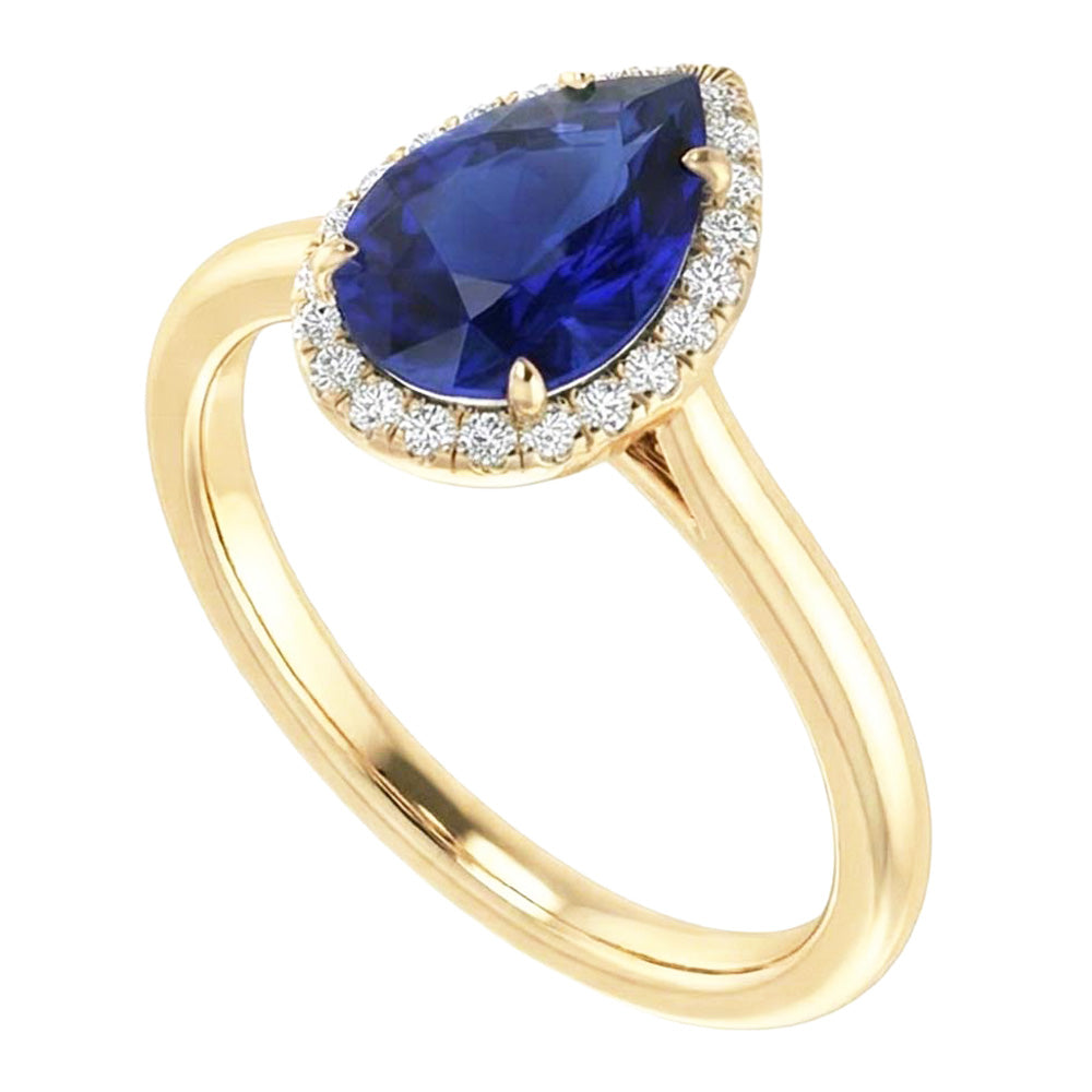 Halo Ring Pear Cut Ceylon Sapphire & Natural Earth Mined Diamond ( Not Lab Grown )s 3 Carats Prong Set