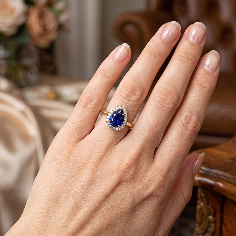 Halo Ring Pear Cut Ceylon Sapphire & Natural Earth Mined Diamond ( Not Lab Grown )s 3 Carats Prong Set