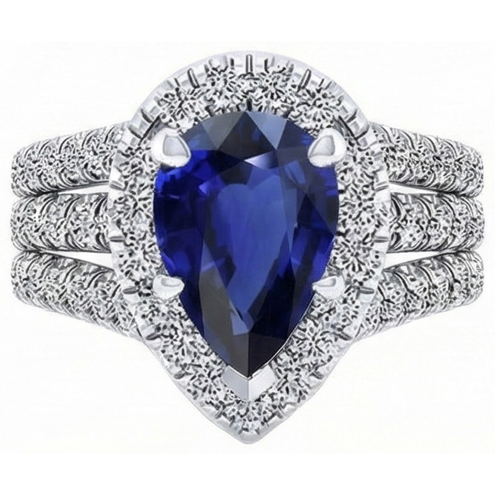 Halo Ring Prong Set Pear Blue Sapphire & Triple Shank Natural Earth Mined Diamond ( Not Lab Grown ) 5 Carats