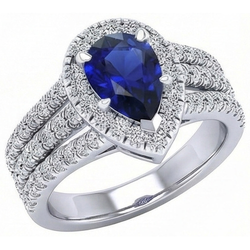 Halo Ring Prong Set Pear Blue Sapphire & Triple Shank Natural Earth Mined Diamond ( Not Lab Grown ) 5 Carats