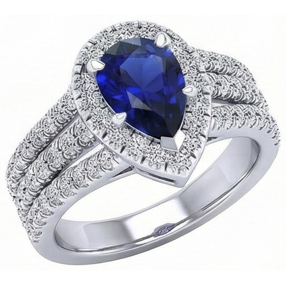 Halo Ring Prong Set Pear Blue Sapphire & Triple Shank Natural Earth Mined Diamond ( Not Lab Grown ) 5 Carats