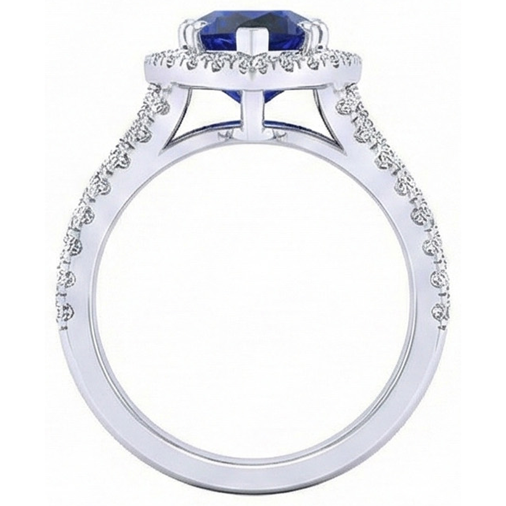 Halo Ring Prong Set Pear Blue Sapphire & Triple Shank Natural Earth Mined Diamond ( Not Lab Grown ) 5 Carats