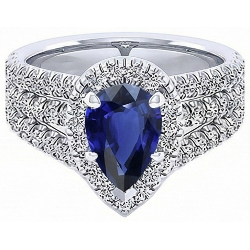 Halo Ring Prong Set Pear Blue Sapphire & Triple Shank Natural Earth Mined Diamond ( Not Lab Grown ) 5 Carats