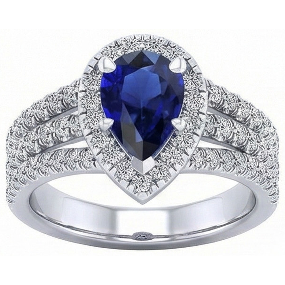 Halo Ring Prong Set Pear Blue Sapphire & Triple Shank Natural Earth Mined Diamond ( Not Lab Grown ) 5 Carats