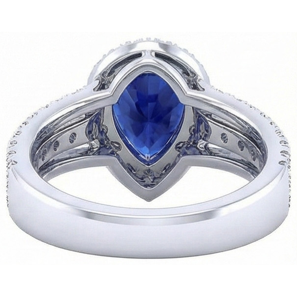 Halo Ring Prong Set Pear Blue Sapphire & Triple Shank Natural Earth Mined Diamond ( Not Lab Grown ) 5 Carats