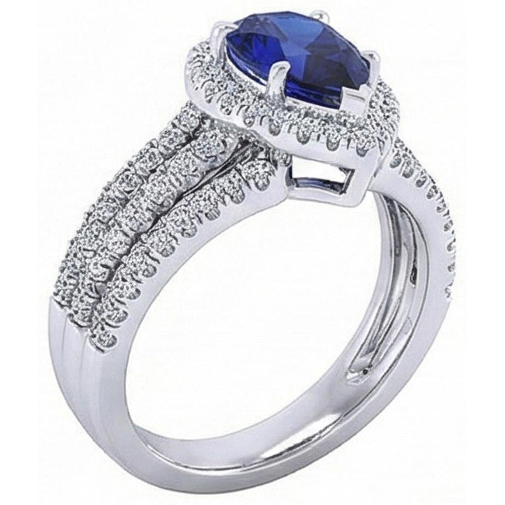 Halo Ring Prong Set Pear Blue Sapphire & Triple Shank Natural Earth Mined Diamond ( Not Lab Grown ) 5 Carats