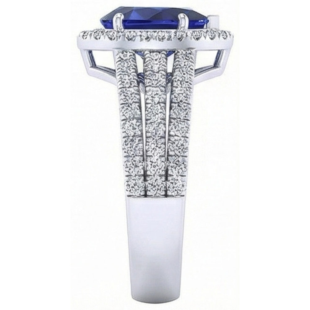 Halo Ring Prong Set Pear Blue Sapphire & Triple Shank Natural Earth Mined Diamond ( Not Lab Grown ) 5 Carats