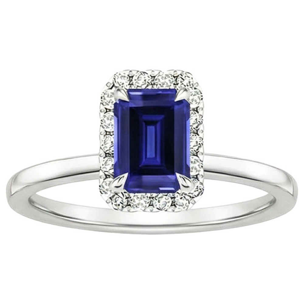 Halo Ring Sri Lankan Sapphire & Natural Earth Mined Diamond ( Not Lab Grown ) 4 Carats Emerald Cut