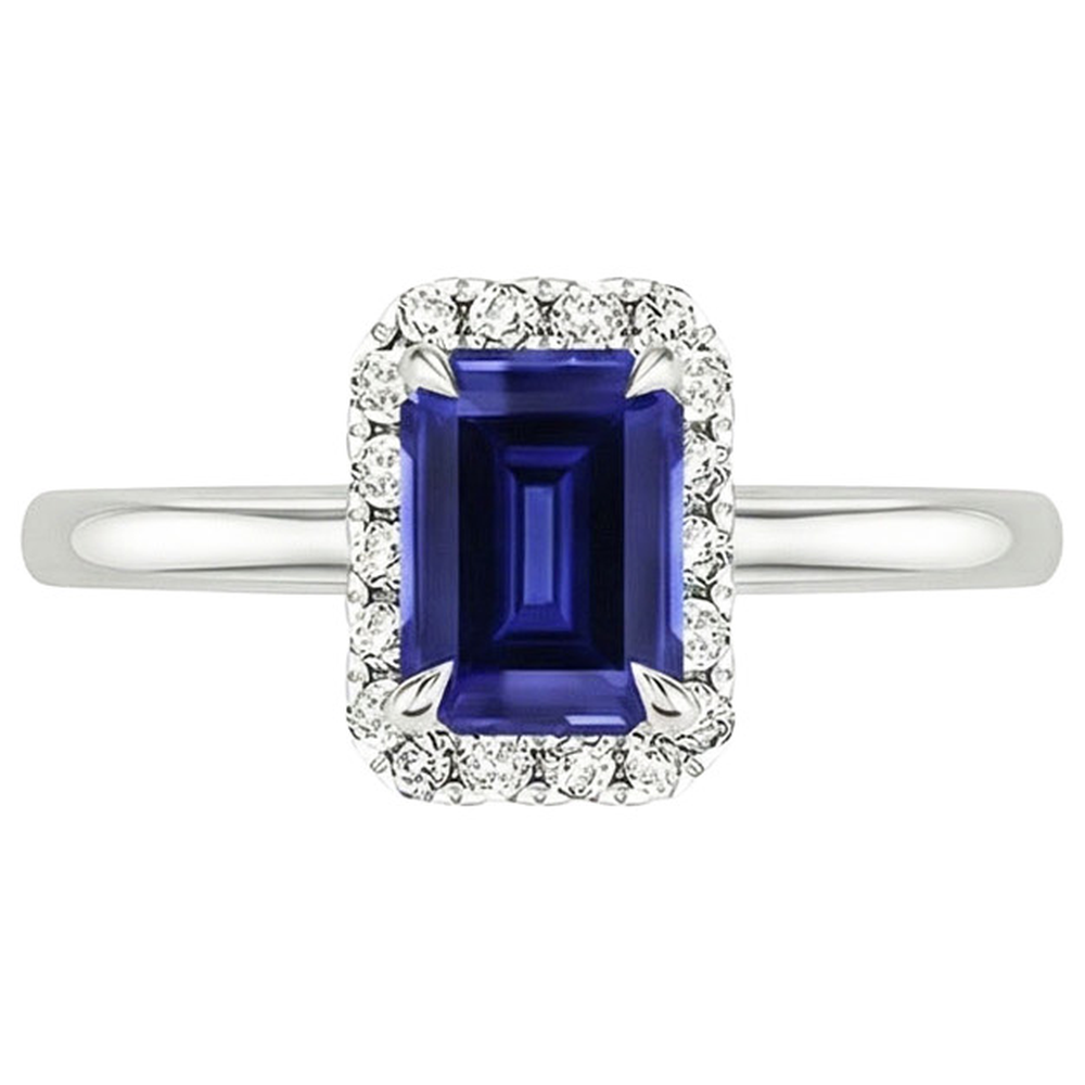 Halo Ring Sri Lankan Sapphire & Natural Earth Mined Diamond ( Not Lab Grown ) 4 Carats Emerald Cut