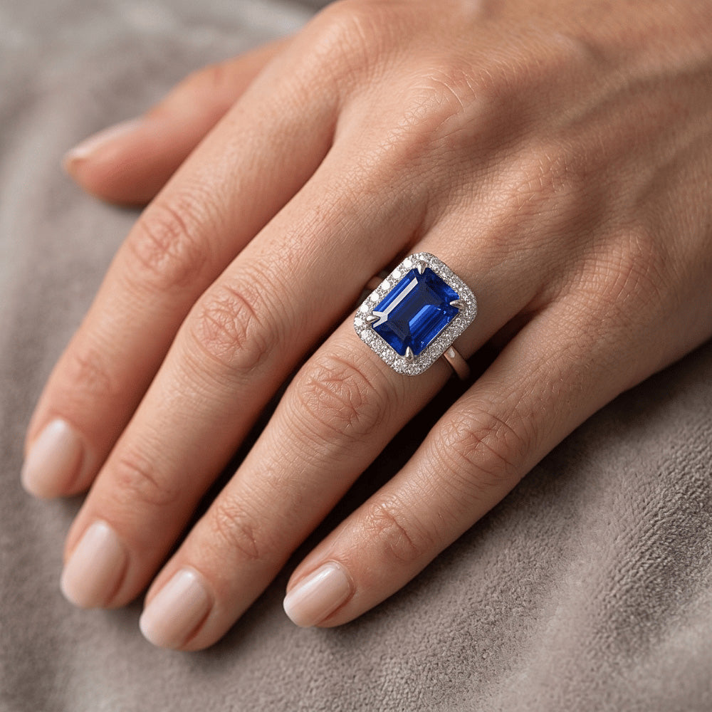 Halo Ring Sri Lankan Sapphire & Natural Earth Mined Diamond ( Not Lab Grown ) 4 Carats Emerald Cut