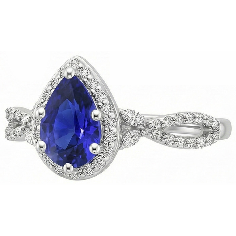 Halo Ring Twist Style Pear Ceylon Sapphire & Natural Earth Mined Diamond ( Not Lab Grown )s 3.50 Carats