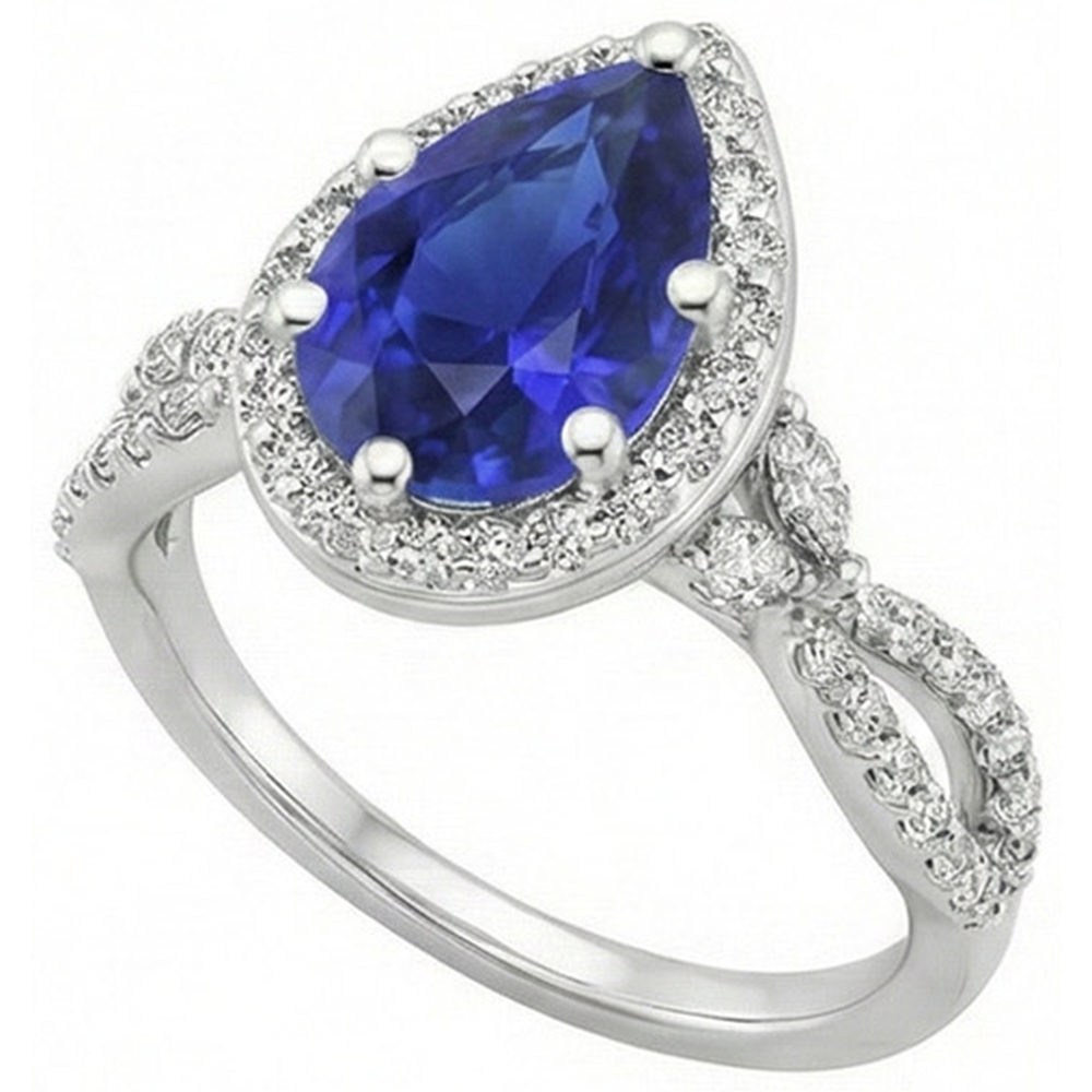 Halo Ring Twist Style Pear Ceylon Sapphire & Natural Earth Mined Diamond ( Not Lab Grown )s 3.50 Carats
