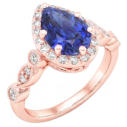 Halo Ring Vintage Style Pear Blue Sapphire & Natural Earth Mined Diamond ( Not Lab Grown )s 4 Carats