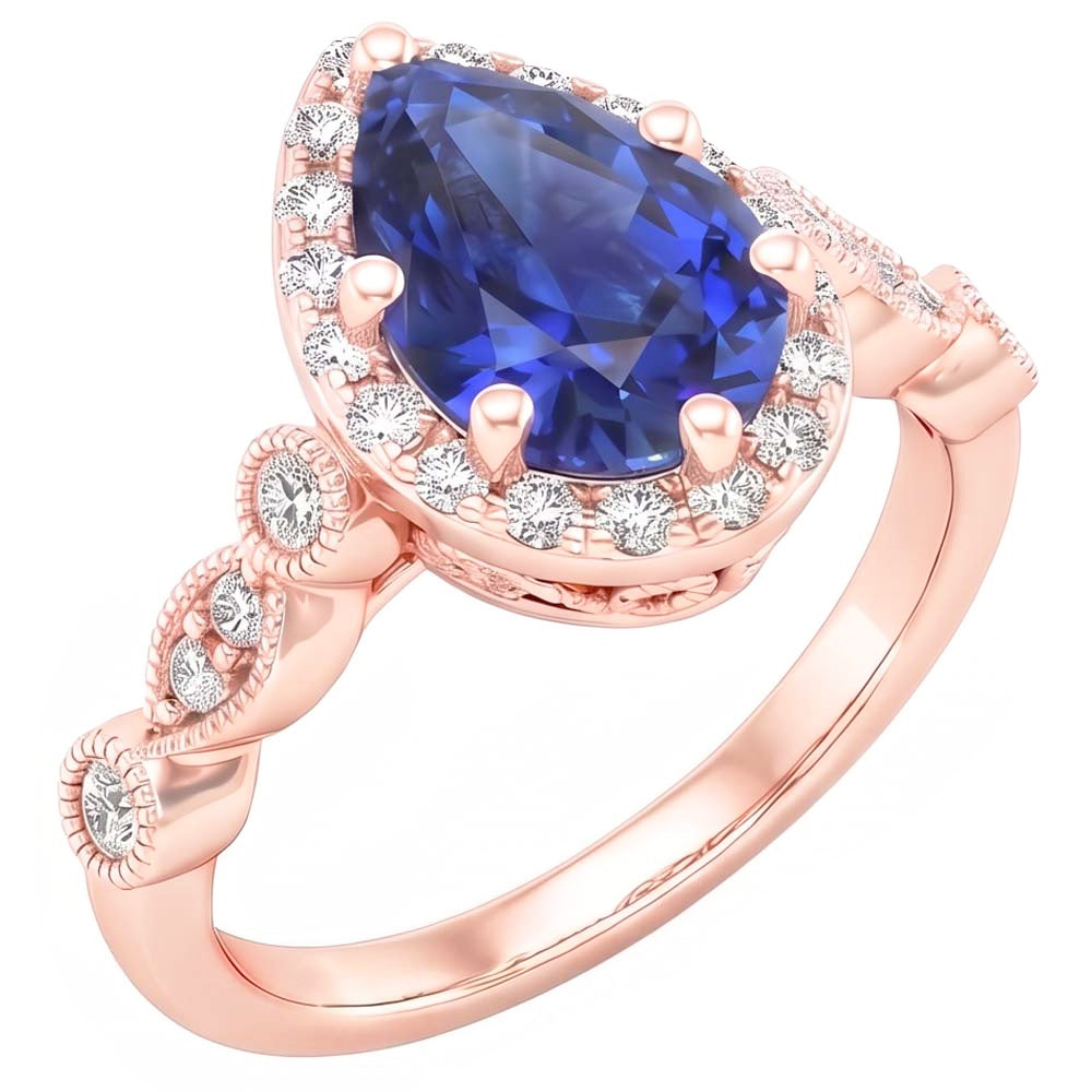 Halo Ring Vintage Style Pear Blue Sapphire & Natural Earth Mined Diamond ( Not Lab Grown )s 4 Carats
