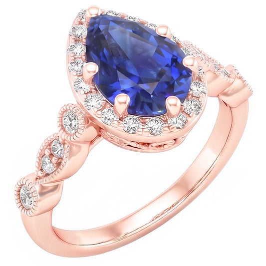 Halo Ring Vintage Style Pear Blue Sapphire & Natural Earth Mined Diamond ( Not Lab Grown )s 4 Carats