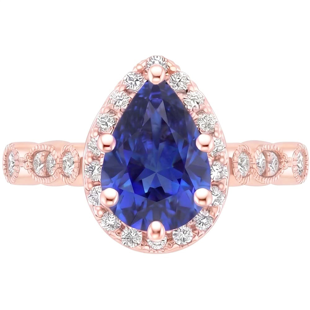 Halo Ring Vintage Style Pear Blue Sapphire & Natural Earth Mined Diamond ( Not Lab Grown )s 4 Carats