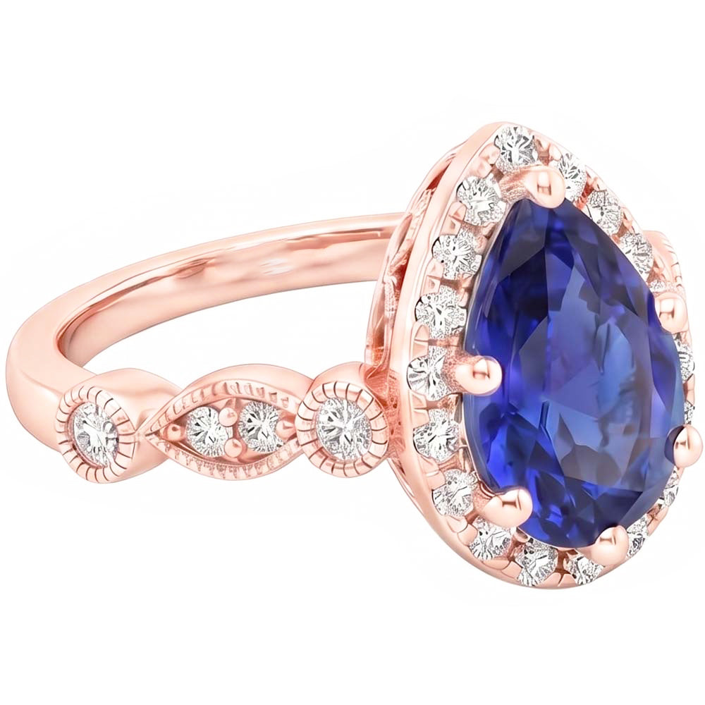Halo Ring Vintage Style Pear Blue Sapphire & Natural Earth Mined Diamond ( Not Lab Grown )s 4 Carats