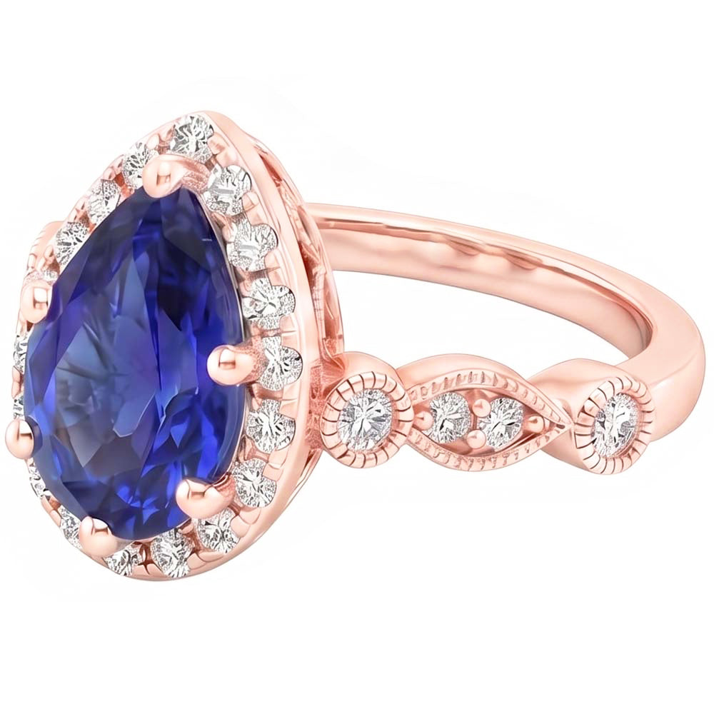 Halo Ring Vintage Style Pear Blue Sapphire & Natural Earth Mined Diamond ( Not Lab Grown )s 4 Carats